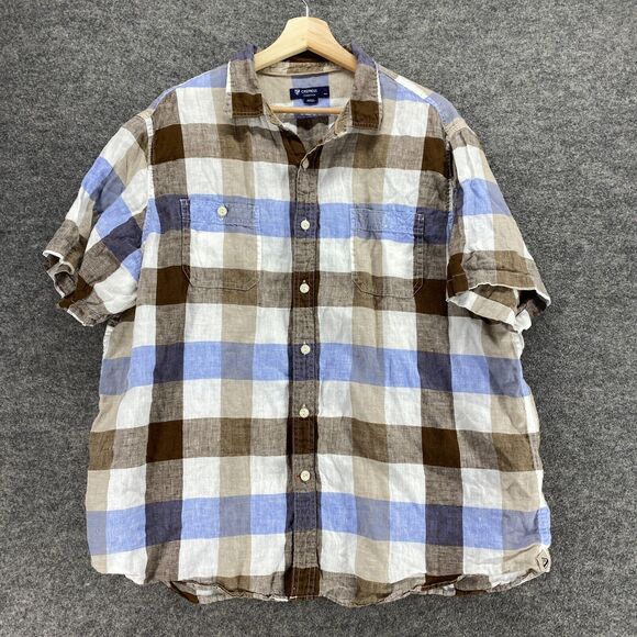 Cremieux Other - Cremieux Shirt Men XL Brown Plaid Button Up Collared Short Sleeve Linen Pockets